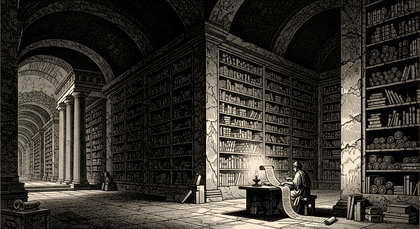 A vast Greek archive of scrolls and codices, a scribe reading by lamplight.